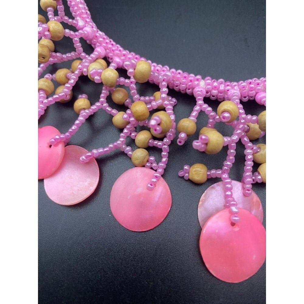 Pink Disc Bead Statement Necklace Shell Wood Artisan Handcrafted Barbiecore Boho - Picture 3 of 4